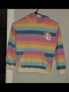Kids Rainbow Stripe Hoodie with Sequin Unicorn Patch